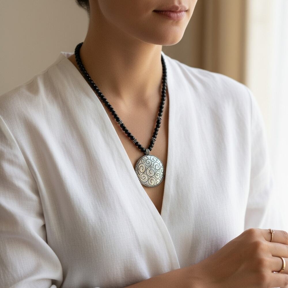 Vintage Silver Tone Pendant Necklace-Black Beads-16-18''-Boho-Modern-Layering